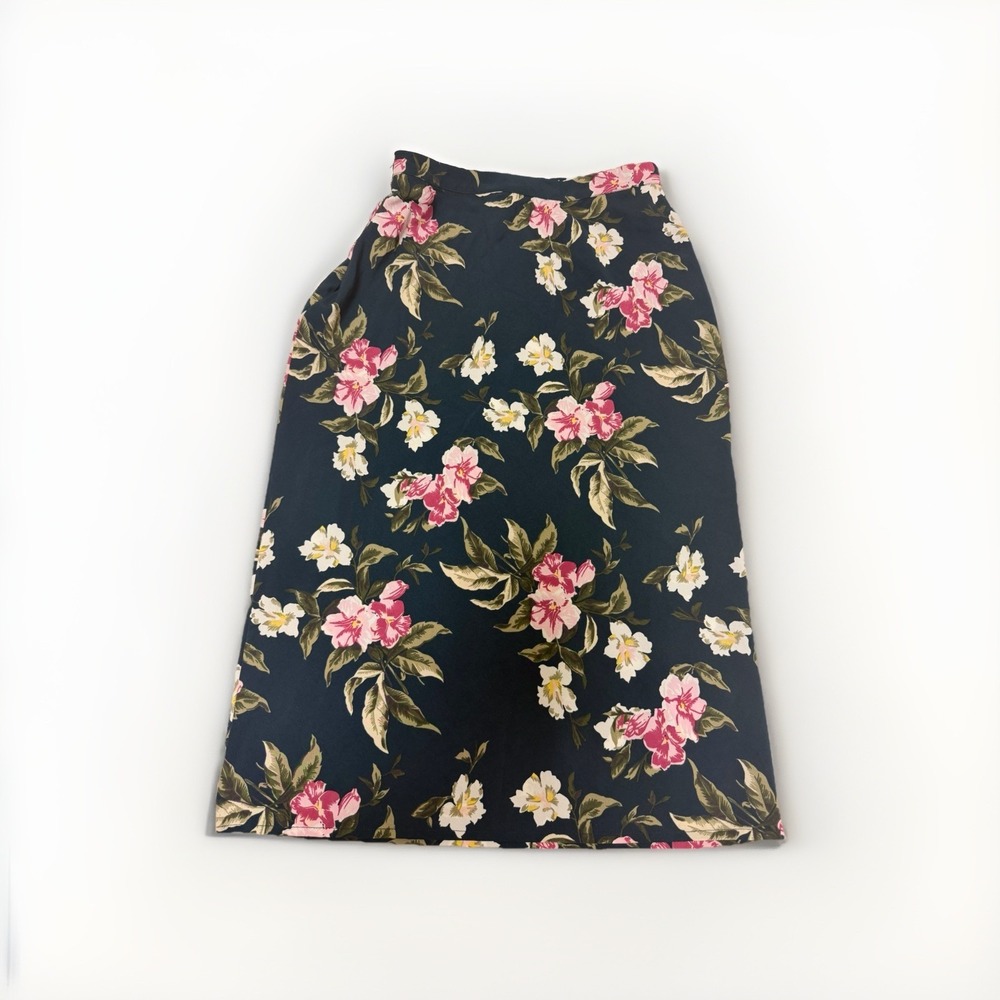 volcom jade colored floral aop thin midi skirt,‎ zip side, women's xs 0-2